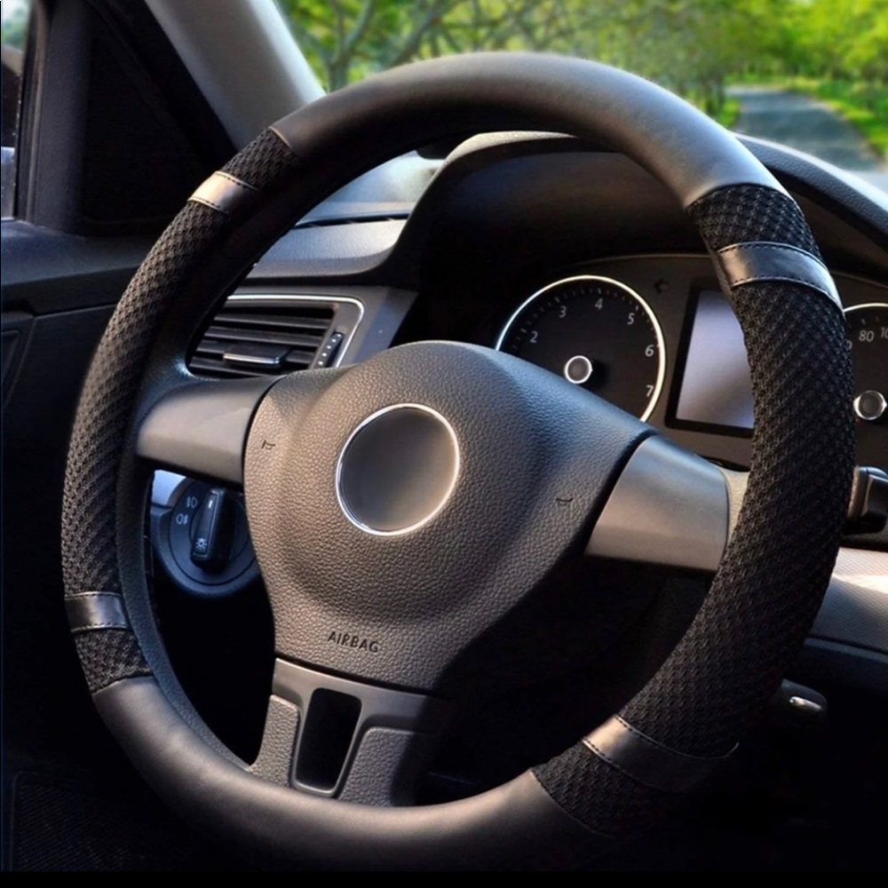 Black Leather Steering Wheel Cover
